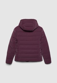 Giubbotto piumino borgogna con texture trapuntata, cappuccio fisso e polsini elasticizzati. Presenta cuciture orizzontali e un taglio dritto.