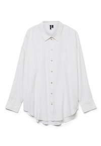 Chemise blanche à manches longues avec boutons, col et poignets, présentée à plat sur un fond blanc.