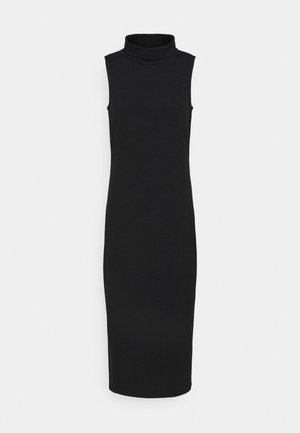 Mouwloze zwarte midi-jurk met een aansluitend silhouet en een hoge coltrui.