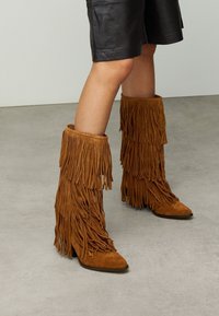 Braune Wildleder-Stiefeletten mit langen Fransen, spitzen Zehen und hohen Absätzen. Die Textur ist weich, und das Design zeichnet sich durch ein einzigartiges, geschichtetes Fransen-Detail aus.