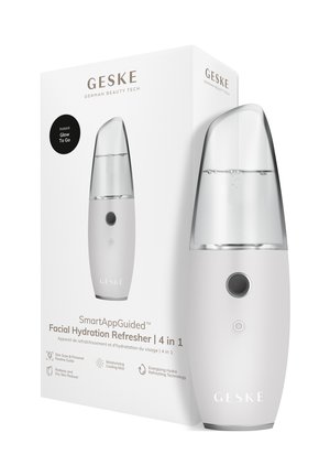 GESKE 4-i-1 ansigtsfugtgivende opfriskningsenhed med gennemsigtigt låg, en knap og emballage, der viser produktfunktioner.
