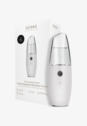 Dispositif rafraîchisseur d'hydratation faciale GESKE 4-en-1 avec dessus transparent, un bouton, et emballage présentant les caractéristiques du produit.