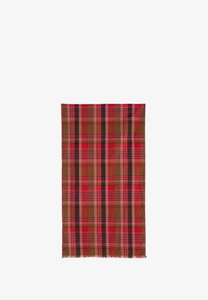 Punase ja pruuni ruuduline tekk, milles vahelduvad punased, tumepunased ja mustad triibud; ääred on narmendavad; pehme tekstuur.