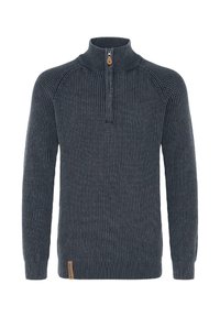 Tumehall kašmiirsweater, millel on ribiga poolpikk tõmblukk, pikad varrukad ja väike pruun laik alläärde lähedal.