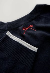Navy sweater featuring a round neck, ribbed hem, silver stripe detail, and red bow embroidery on the shoulder. Soft texture.