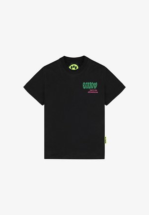 T-shirt nera a maniche corte con la scritta verde "BARROW" e la scritta rosa "Let's be Adventures" sul petto a sinistra, caratterizzata da una piccola etichetta gialla sul lato.