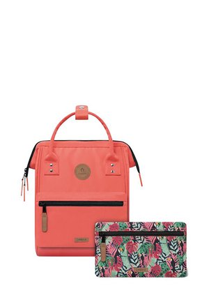 Coral pink backpack with a top handle and black zipper. Includes a matching pouch with a floral pattern in green, pink, and red accents.
