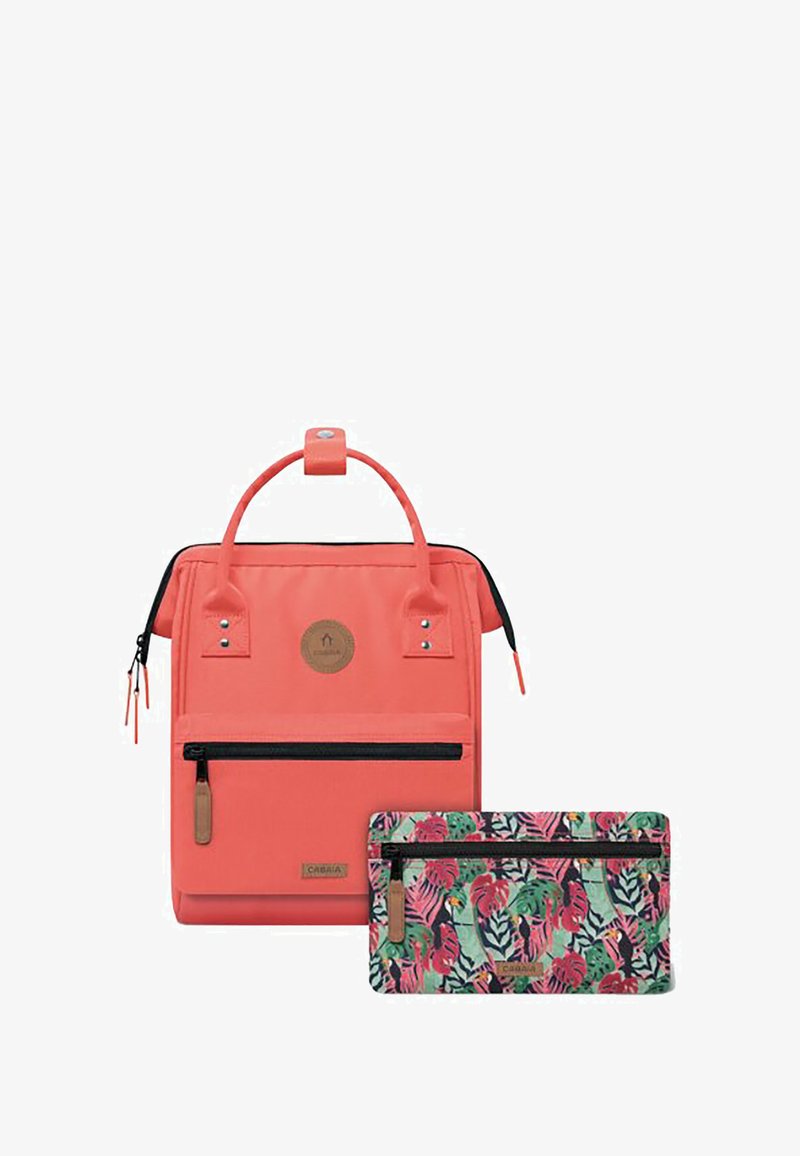 Coral pink backpack with a top handle and black zipper. Includes a matching pouch with a floral pattern in green, pink, and red accents.