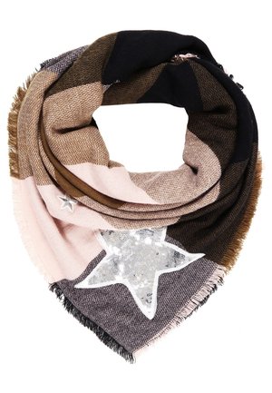 Blødt vævet tørklæde i brune, beige og sorte felter med en stor hvid palietstjerne og en lille sølvstjerne-nål, frynset kant.