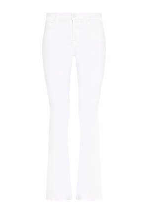 Hvide udsvingende jeans lavet af bomuldsdenim, med knaplukning og fem lommer, samt en glat tekstur og ren finish.