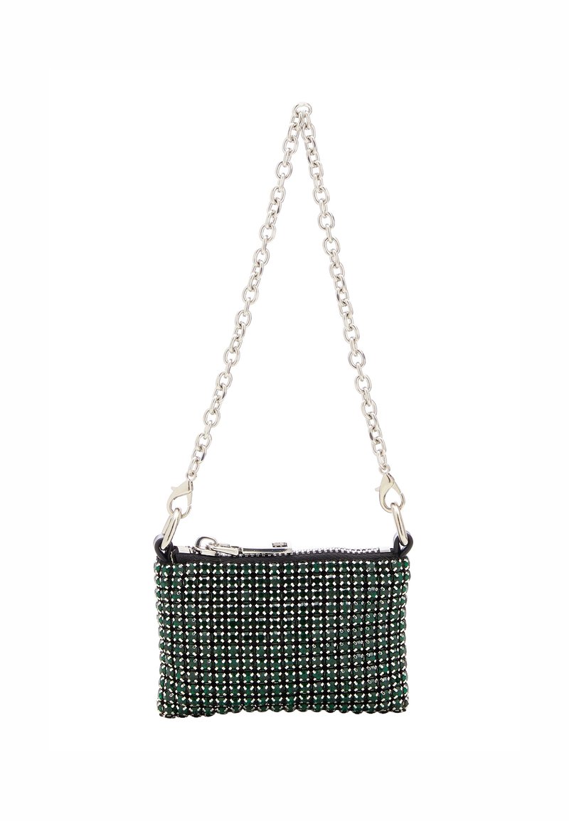 Grüne Perlen-Clutch mit einem silbernen Kettenriemen, ausgestattet mit einem Reißverschluss und einer strukturierten Oberfläche aus kleinen Glasperlen.