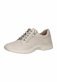Sneaker in pelle beige con una texture liscia, punta rotonda, chiusura con lacci sulla parte anteriore e una cerniera laterale. Presenta una suola in gomma bianca e dettagli metallici.