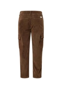 Pantalones cargo de pana marrón con corte recto, que cuentan con dos bolsillos laterales y bolsillos traseros, textura suave y puños con dobladillo.