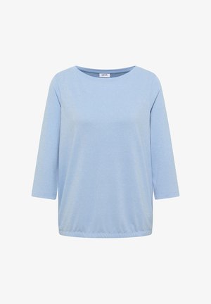 Hellblaues Langarmshirt mit Rundhalsausschnitt und leicht gerafftem Saum, aus strukturiertem Stoff.