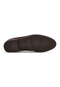 Brown leather shoe sole with a textured rubber bottom and stitched edges. Features a rounded toe and a distinct tread pattern for traction.