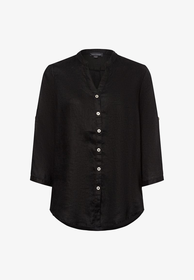 Black button-up shirt with a V-neck, three-quarter sleeves, and a curved hem. Features textured fabric and small white buttons along the front.