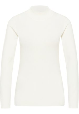 Pulover alb cu mânecă lungă și guler înalt, stil ajustat, textură netedă, guler și manșete cu model în relief, material moale. Fără modele sau embellishments suplimentare.