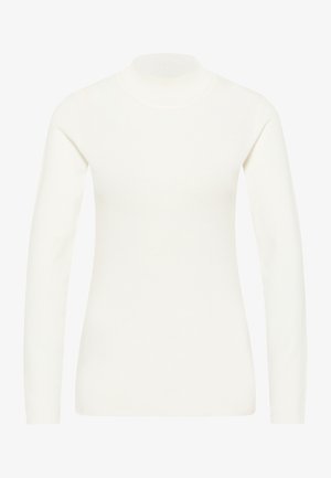 Pulover alb cu mânecă lungă și guler înalt, stil ajustat, textură netedă, guler și manșete cu model în relief, material moale. Fără modele sau embellishments suplimentare.