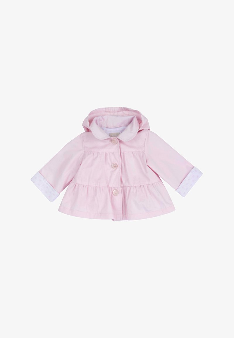 Hellrosa Kinderjacke mit Kapuze, drei vorderen Knöpfen, gerafftem Bund und umgeschlagenen Manschetten mit dezentem Muster.