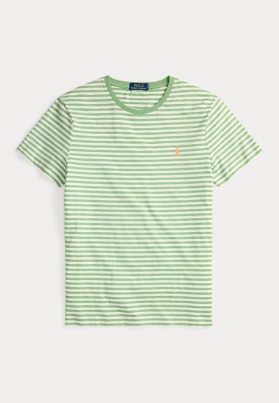 T-shirt de manga curta listrada horizontalmente em verde e branco, com decote redondo e pequeno logótipo laranja da Polo Ralph Lauren no peito.