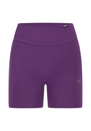 Fioletowe spodenki sportowe z wysokim stanem. Wykonane z gładkiego, elastycznego materiału. Posiadają małe logo z boku.
