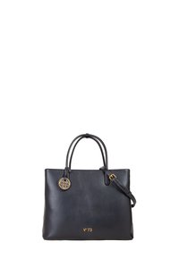 Borsa tote in pelle nera con doppio manico superiore, tracolla regolabile, hardware in tonalità oro e texture liscia. Presenta un design minimalista.