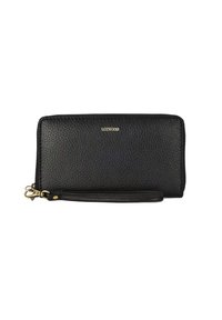 Portefeuille zippé en cuir noir texturé avec une bandoulière et des accents en métal doré, marqué LOXWOOD à l'avant.