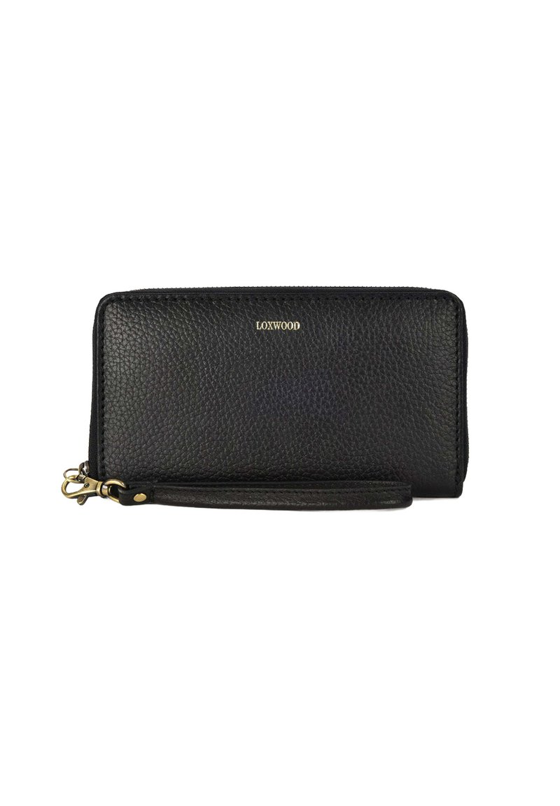 Portefeuille zippé en cuir noir texturé avec une bandoulière et des accents en métal doré, marqué LOXWOOD à l'avant.