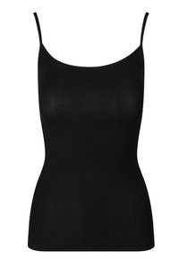 Black tank top with thin straps, made from a soft, smooth fabric. The design is form-fitting with a scoop neckline and no visible closures.