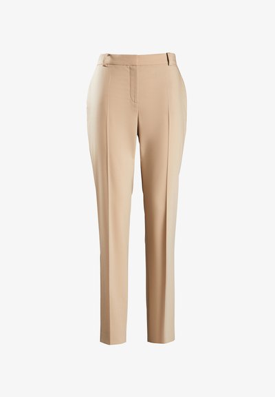Pantalones beiges con un diseño a medida, que presentan una pierna recta, textura suave y un delantero plano sin bolsillos visibles ni decoraciones.
