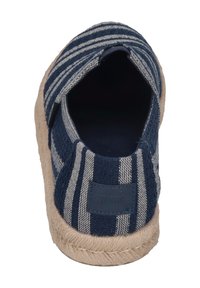 Marineblauwe en crèmekleurige gestreepte instapschoen met een bovenwerk van textiel en een jute touwzool. Inclusief een gekleurde logopatch op de zijkant.