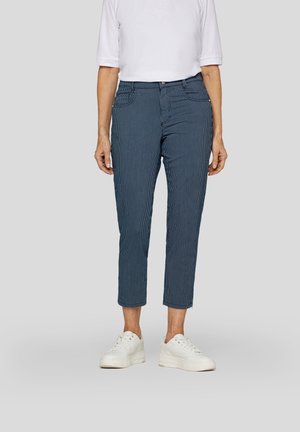 Striped blue cropped pants made of lightweight fabric, featuring a classic fit with front pockets and a concealed button fly. Pair with white sneakers.