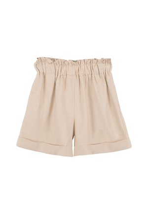 Shorts beige a vita alta con vita elasticizzata arricciata e orli risvoltati, realizzati in tessuto leggero.