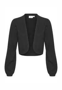 Svart kort cardigan tillverkad av textil med struktur, med en bred öppen front, långa puffärmar och ett mjukt innertyg.