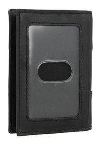 Zwarte leren portemonnee met een heldere plastic ID-venster, rechthoekige vorm en contrasterende stiksels. Inclusief een textiel interieur.