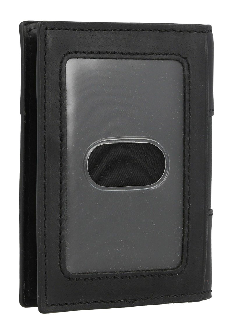 Portafoglio in pelle nera con una finestra trasparente per l'ID, forma rettangolare e cuciture a contrasto. Include un interno in tessuto texture.