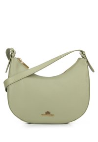 Borsa a spalla in pelle verde con forma curva, finitura texture, hardware dorato e chiusura con cerniera, caratterizzata da un'emblema del marchio sul davanti.