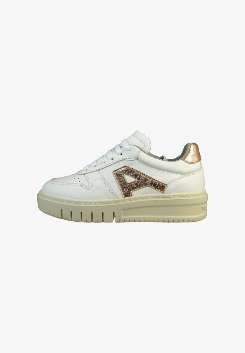 White leather sneaker with a gold accent on the heel and a textured gold logo on the side. Features a thick, rubber, light beige sole.