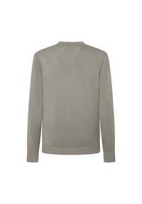 Pull-over gris avec de longues manches, un col rond et des bords côtes au niveau des poignets et du bas. Texture douce, épaisseur moyenne et design sans coutures au dos.