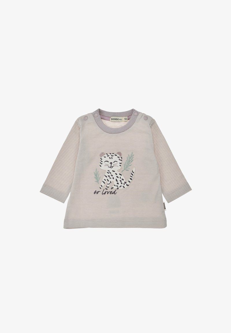 Gestreiftes Langarmhemd in hellem Beige mit einem verspielten Leopardenmotiv und grünen Blättern. Verfügt über Druckknöpfe an der Schulter für ein einfaches An- und Ausziehen.