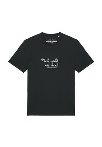 T-shirt noir à manches courtes avec du texte blanc en allemand : "Ich zähl bis drei !" centré sur le devant.
