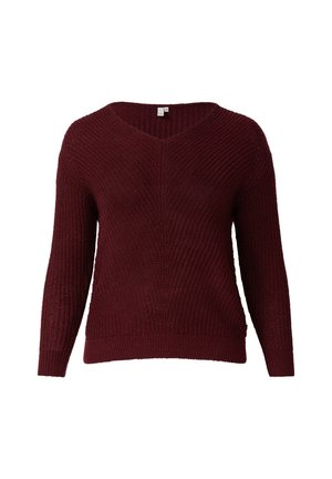 Burgundy knitted sweater with a V-neck, long sleeves, ribbed texture, and a relaxed fit. Finished hemline at the waist.