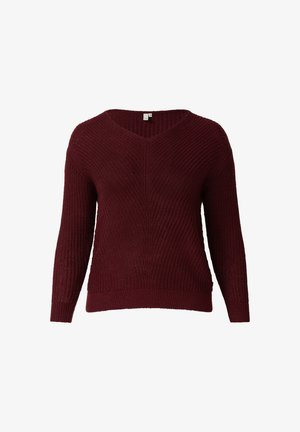Burgundy knitted sweater with a V-neck, long sleeves, ribbed texture, and a relaxed fit. Finished hemline at the waist.