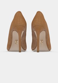 Ζευγάρι ταμπά σουέντ ψηλοτάκουνα παπούτσια που φαίνονται από πίσω, με λεπτά τακούνια στιλέτο και μπεζ σόλες με χρυσά διακριτικά λογότυπα.