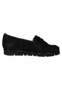 Black suede loafers with a rounded toe, featuring a decorative strap and a sturdy rubber sole with a textured pattern.