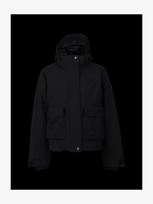 Black hooded winter jacket with front flap pockets, snap buttons, and adjustable cuffs on plain black background.