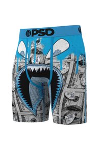 Blaue PSD-Boxershorts mit Haifischgesicht-Grafik, Geldscheinen und Diamantzeichnungen, die den Stoff bedecken.