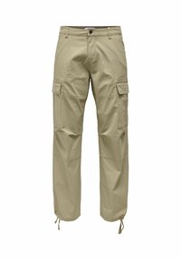 Beiget rentoistut farkut, joissa on sivutaskut, säädettävät lahkeet ja kestävä pintakuvioitu kangas.