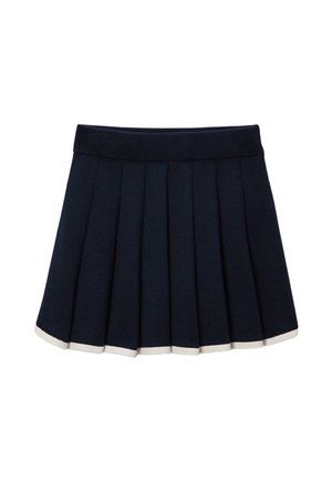 Jupe plissée bleu marine avec une ceinture côtelée et une bordure crème le long de l'ourlet. Fabriquée en tissu doux avec des plis verticaux pour une texture supplémentaire.