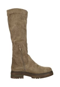 Kniehoge, bruine suède laarzen met een zijrits, een gestructureerd oppervlak en een stevige, gegroefde zool voor grip en duurzaamheid.